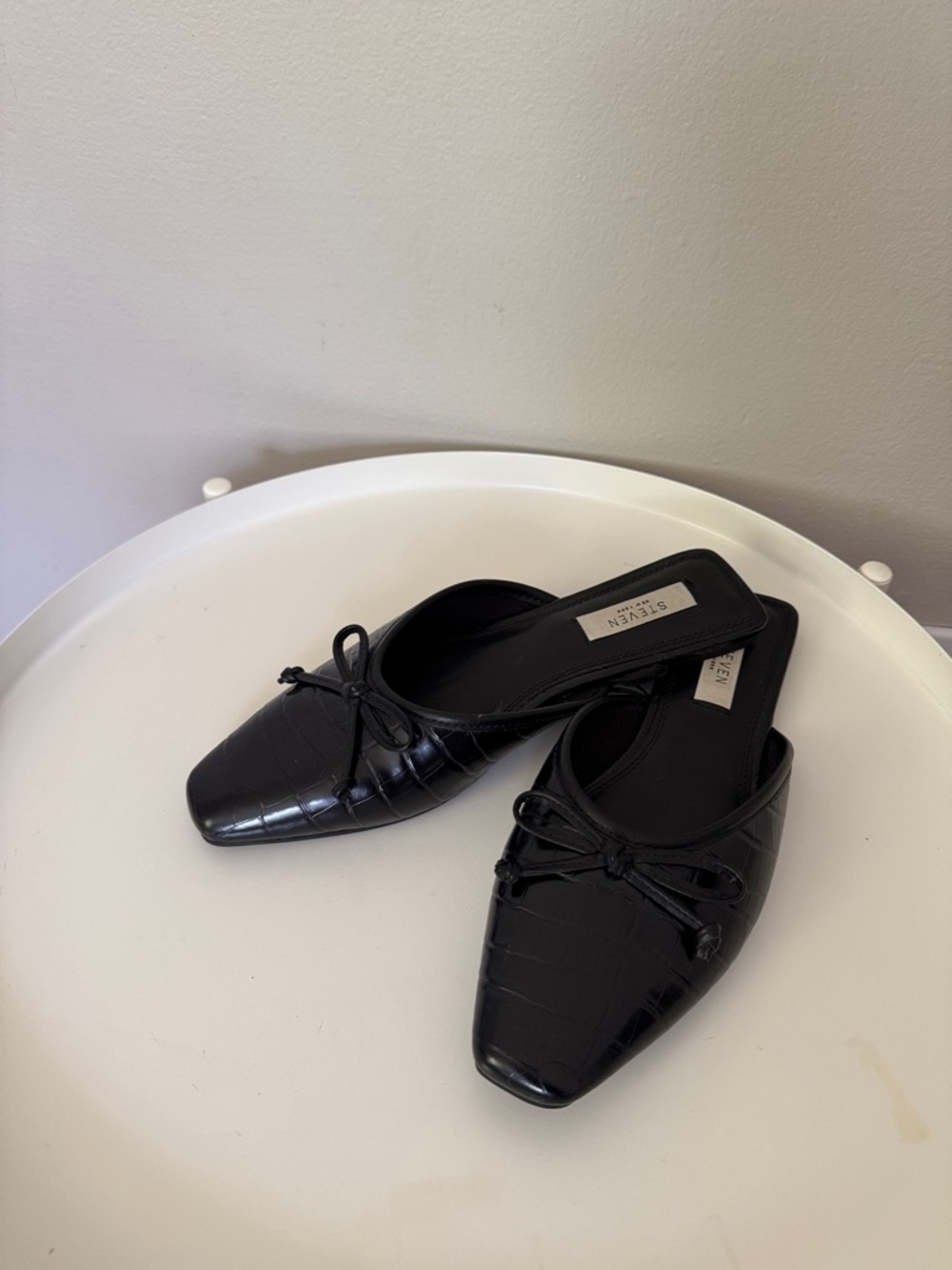 Steve Madden Black Croc-Embossed Bow Slip-On Mules